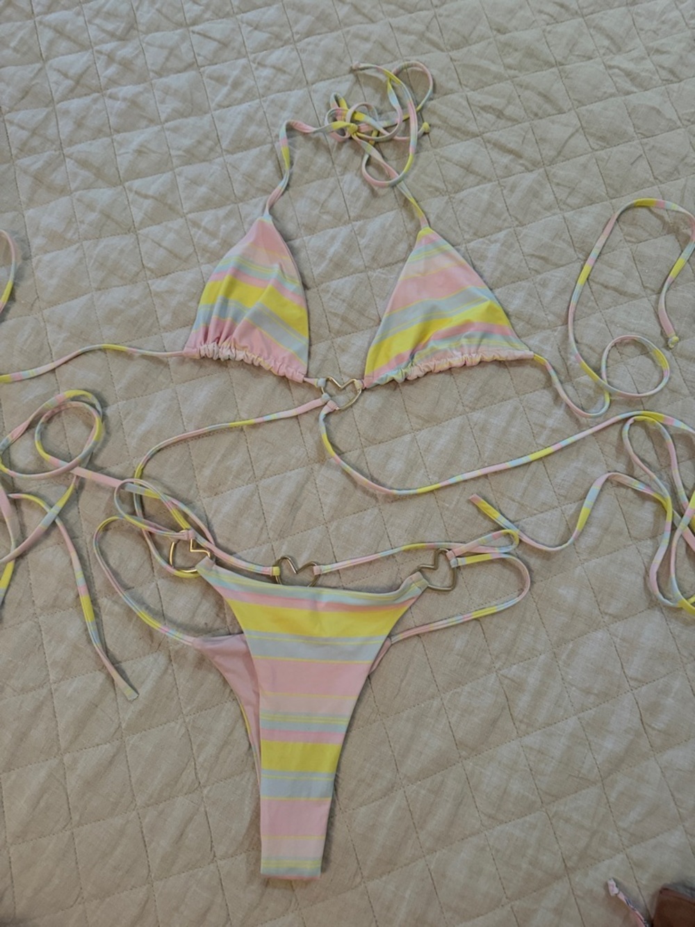 Frankie’s Bikinis Pastel Striped Triangle Bikini Set with Heart Rings